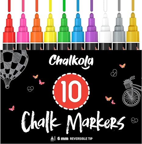 Chalkola Liquid Chalk Markers Erasable (10 Pack) w/Gold & Silver - Washable  Paint Chalk Pens for Chalkboard Signs, Blackboard, Car Window, Bistro,  Glass, Board - Neon Wet Wipe 6mm Reversible Bold Tip 